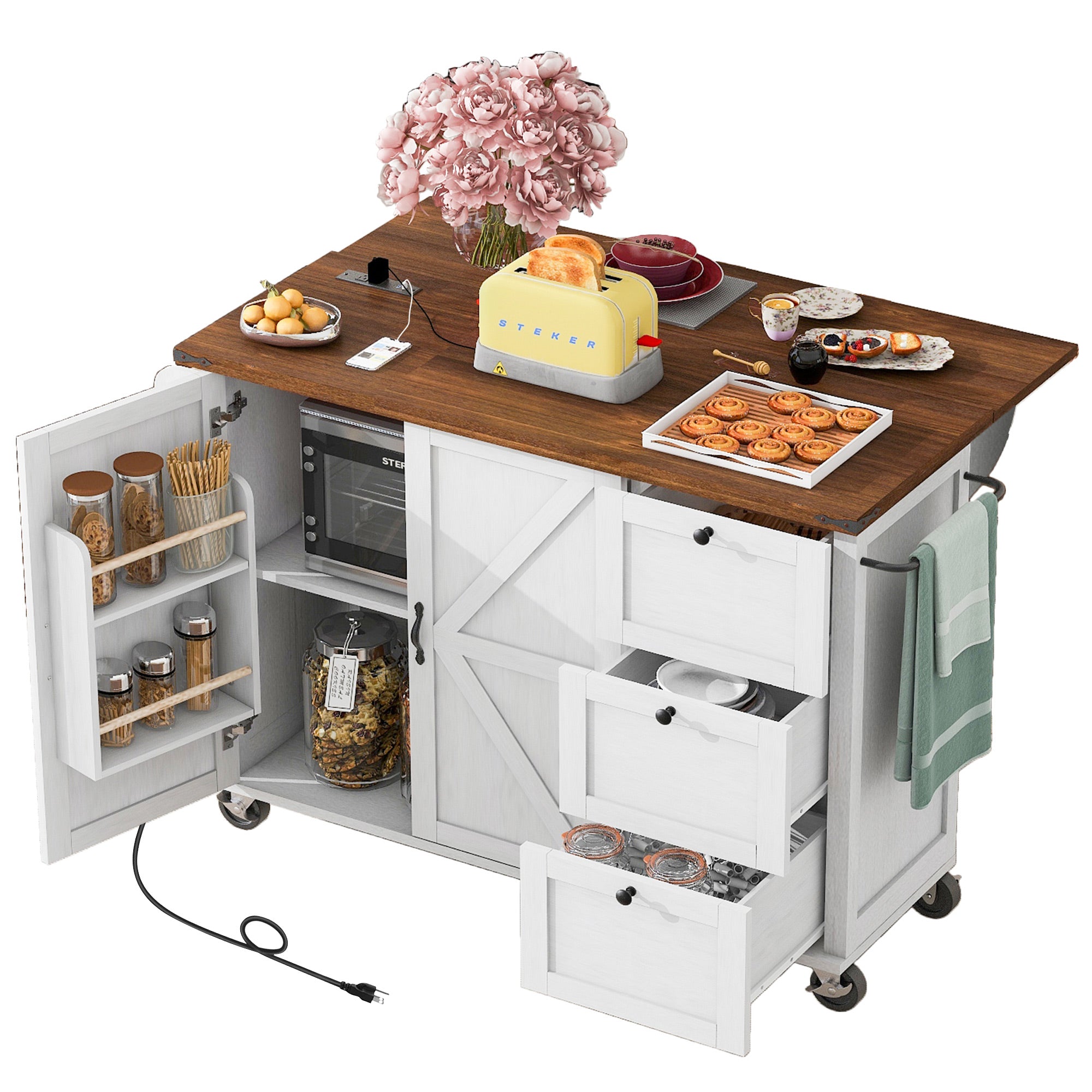[variant:N853P379579W] Farmhouse Rolling Kitchen Island with Drop Leaf – White, 54.5-Inch image 38