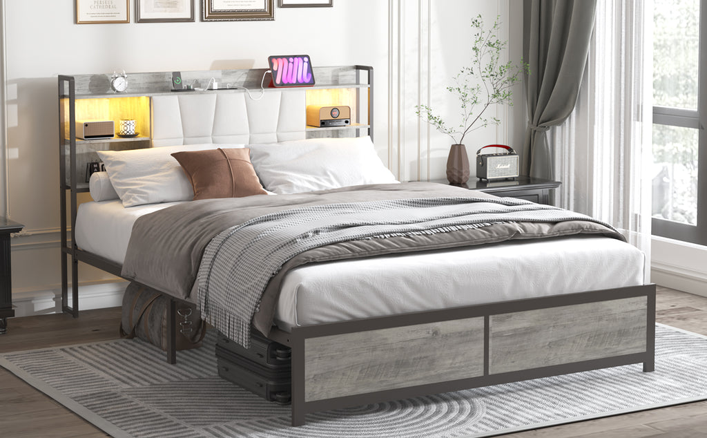 [variant:W5658P487022] Queen Upholstered Platform Bed with Bookcase Headboard, LED Lights & Charging Station image 4