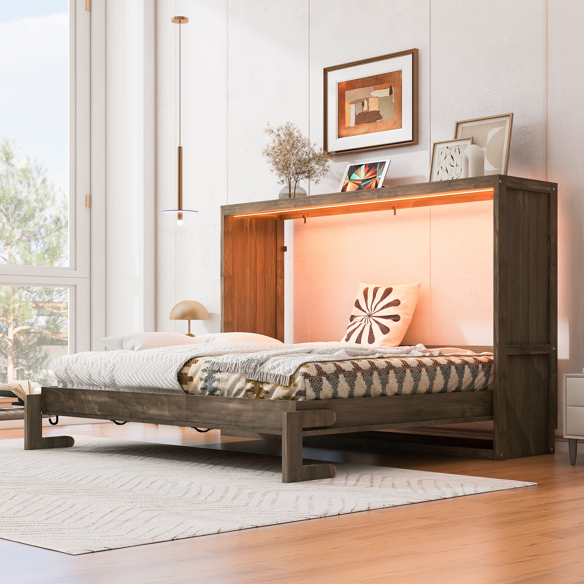 [variant:N8470004034D-1] Full LED Murphy Bed Cabinet – Brown image 4