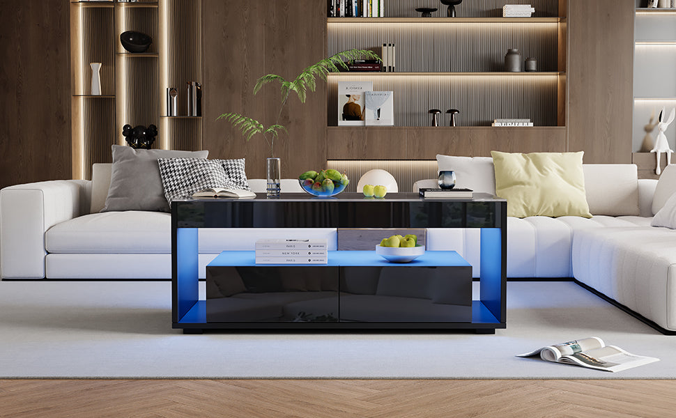 [variant:N892P428787B] High-Gloss LED Coffee Table with Glass Top and Drawers image 29