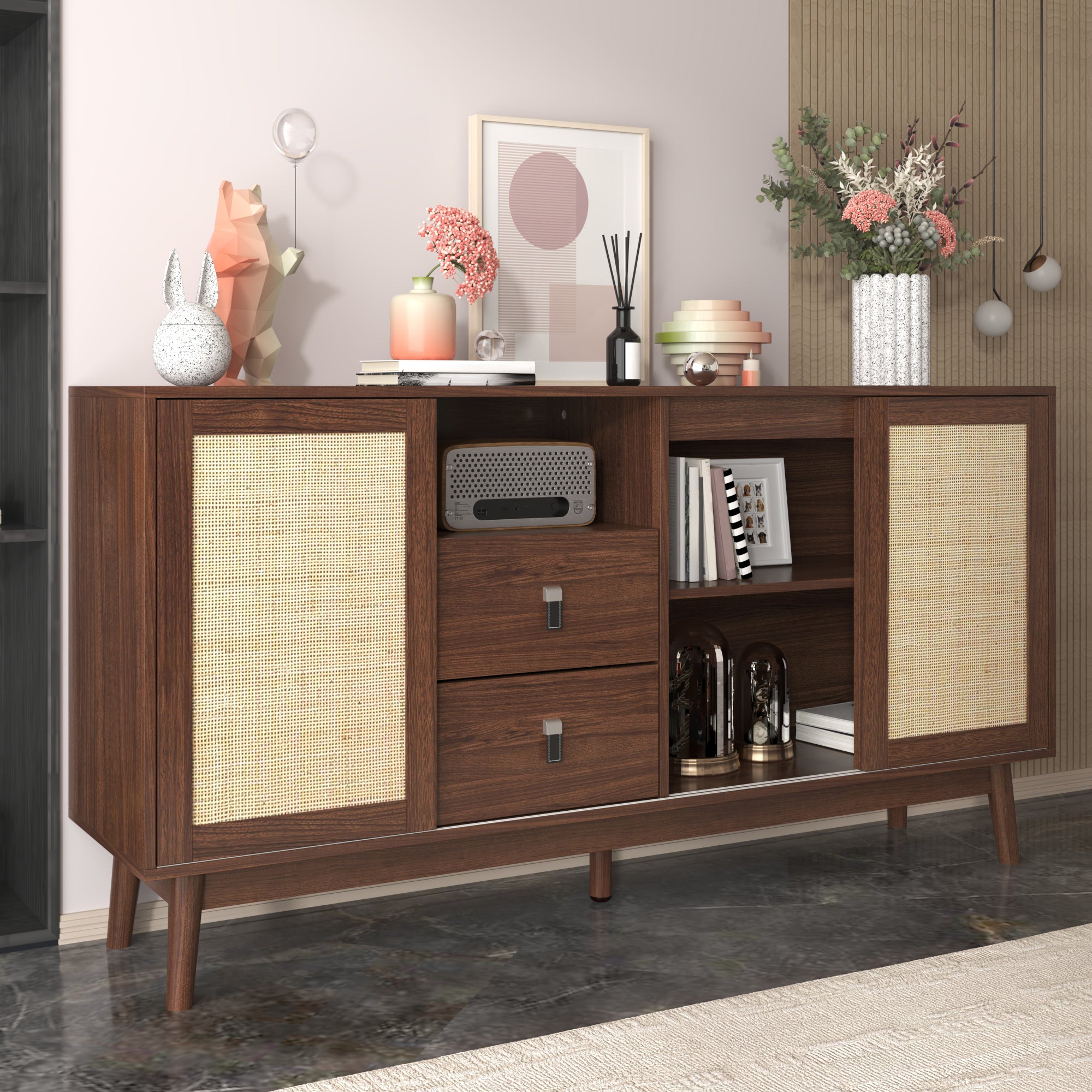 Rattan 3-Door Sideboard with 2 Drawers — [variant:GA0004N] Wood image 2