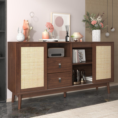 Rattan 3-Door Sideboard with 2 Drawers — [variant:GA0004N] Wood image 2