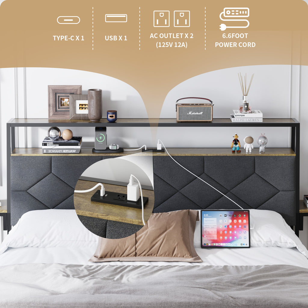 [variant:W5658P486993] Queen Metal Platform Bed with Storage Headboard & Charging Station image 10