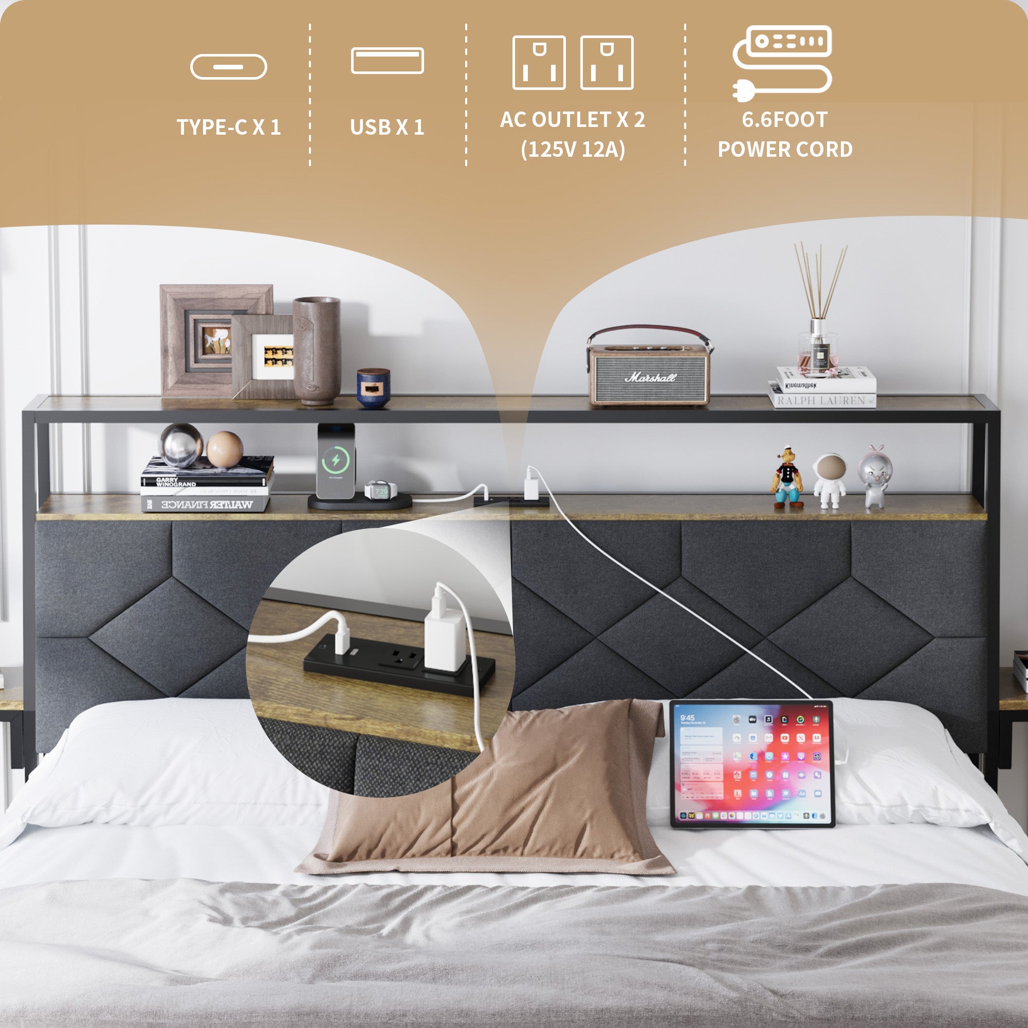 [variant:W5658P486993] Queen Metal Platform Bed with Storage Headboard & Charging Station image 10