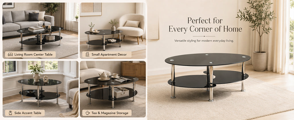 2-Tier Oval Tempered Glass Coffee Table — [variant:W3738P499153] Black image 10
