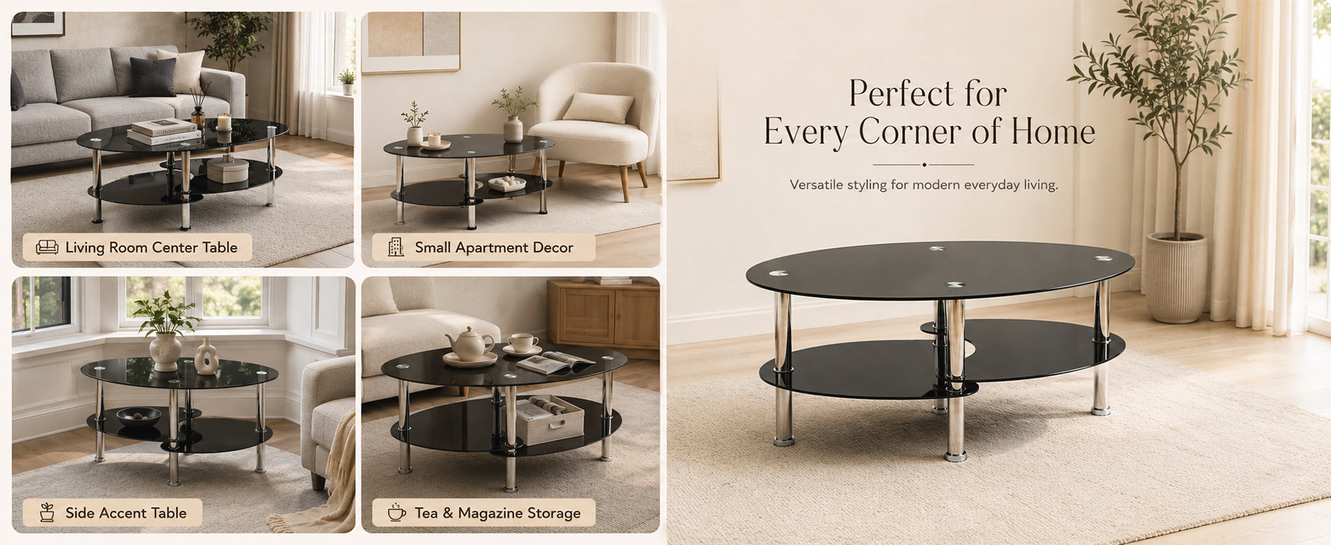 2-Tier Oval Tempered Glass Coffee Table — [variant:W3738P499153] Black image 10