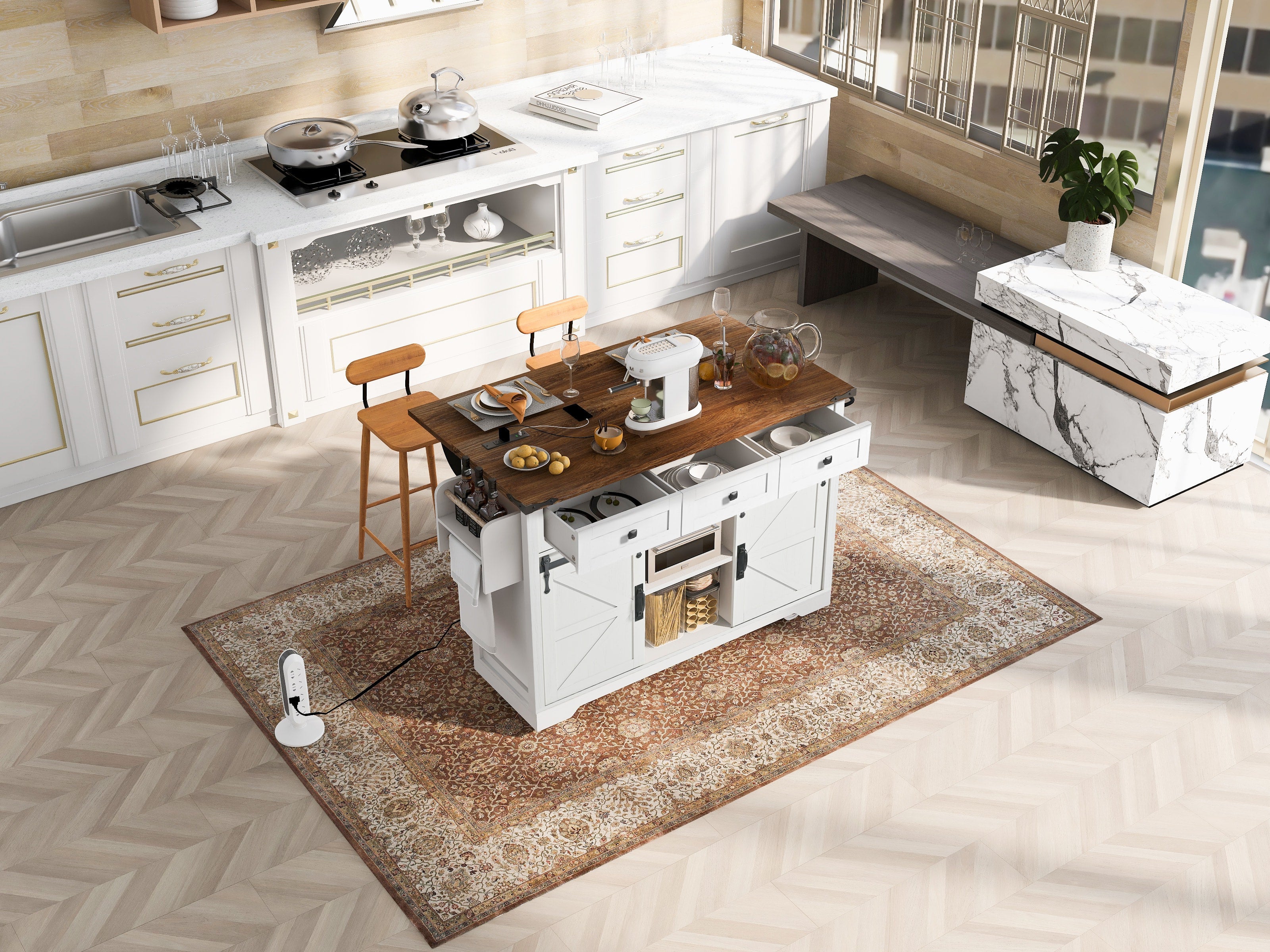 [variant:N853S379573W] Farmhouse Kitchen Island with Drop Leaf, Power Outlet and Sliding Barn Doors – 53.75-Inch image 11
