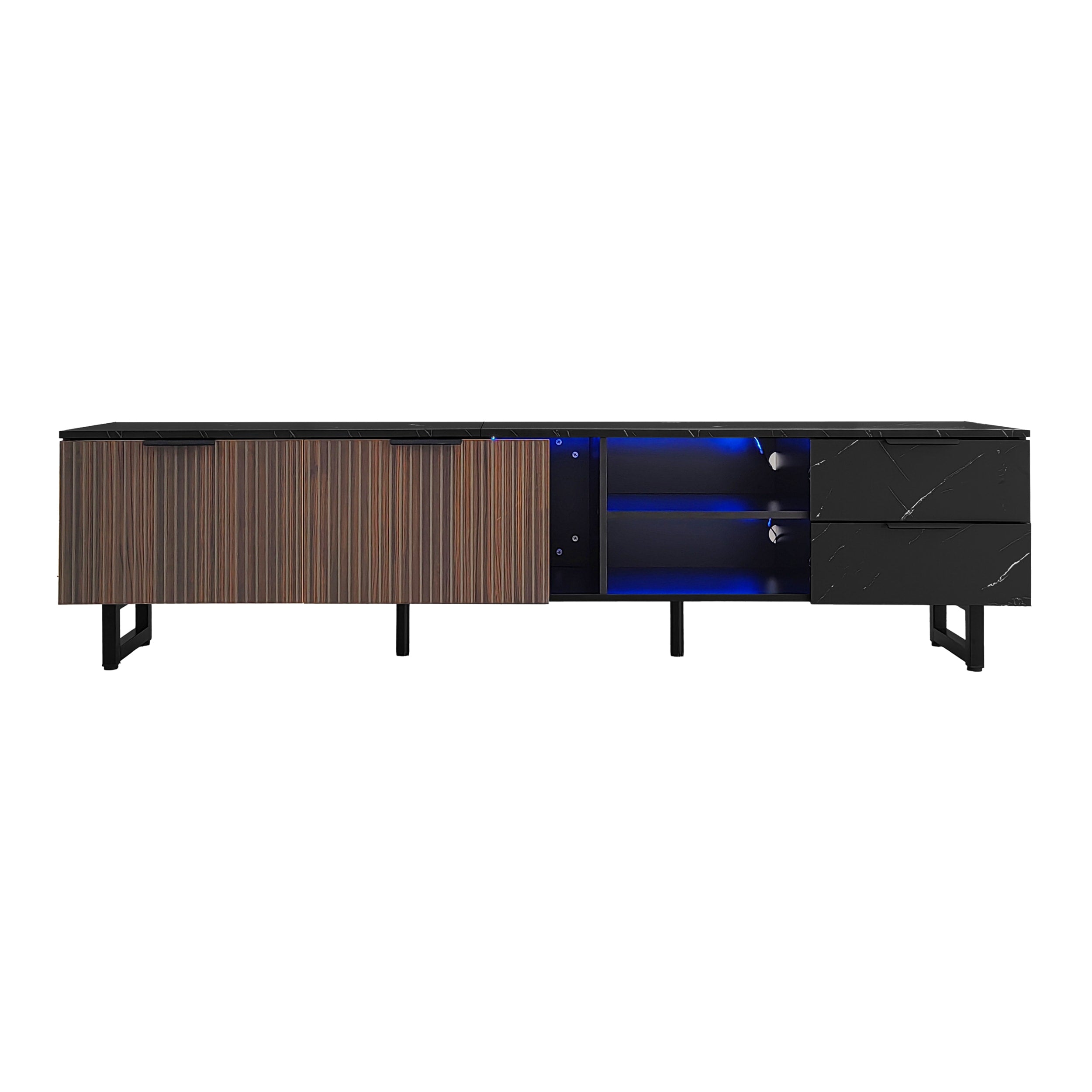 [variant:GA0010N] LED TV Stand with 2 Doors and 2 Drawers – Black Marble and Wood Grain image 27