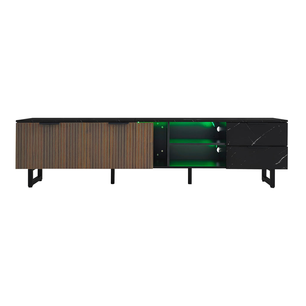 [variant:GA0010N] LED TV Stand with 2 Doors and 2 Drawers – Black Marble and Wood Grain image 21