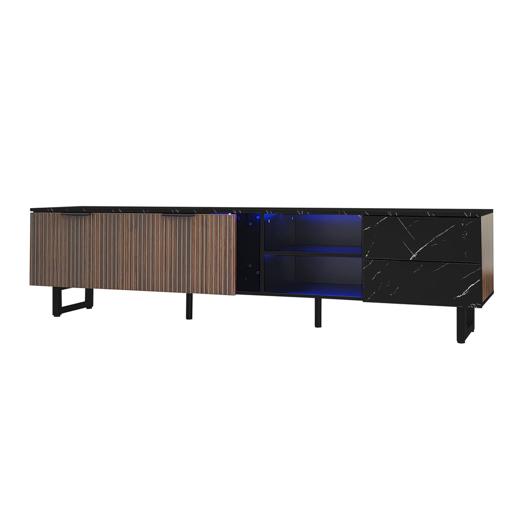 [variant:GA0010N] LED TV Stand with 2 Doors and 2 Drawers – Black Marble and Wood Grain image 20