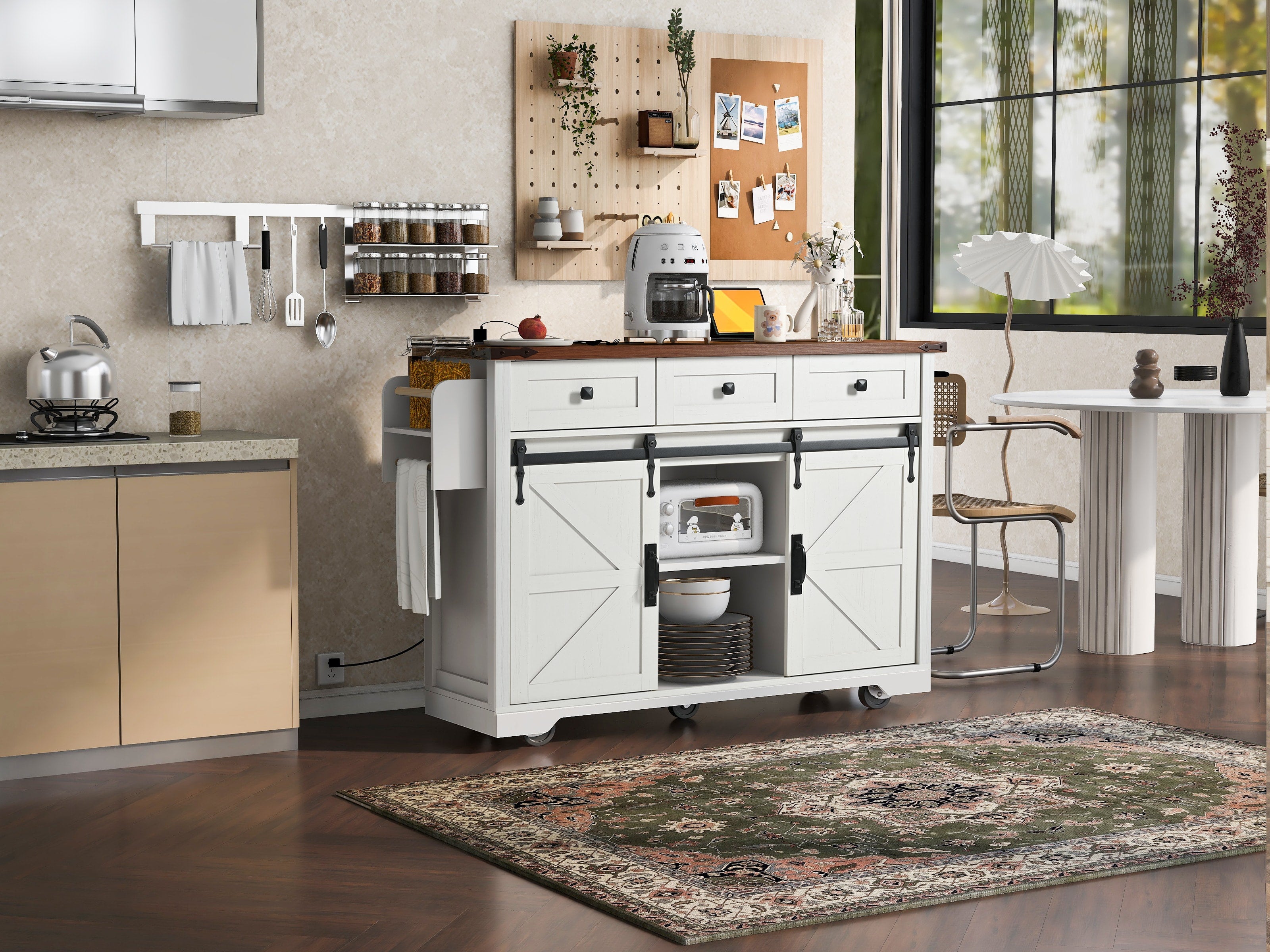 [variant:N853S379573W] Farmhouse Kitchen Island with Drop Leaf, Power Outlet and Sliding Barn Doors – 53.75-Inch image 12
