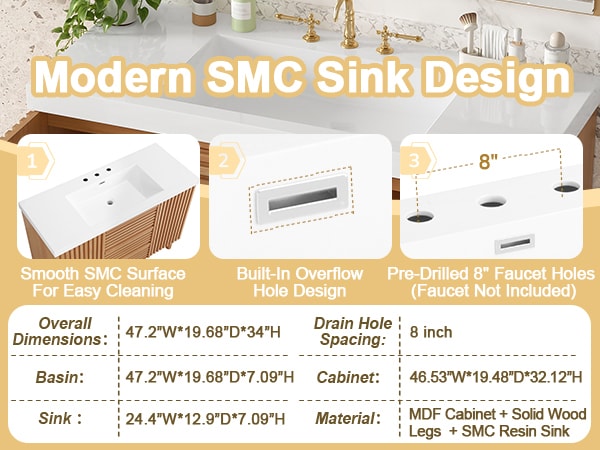 [variant:N729P000036N] Bathroom Vanity with SMC Sink – 47.2-Inch image 11
